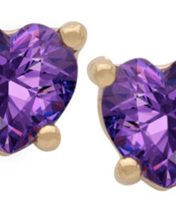 Gold Plated Cubic Zirconia Heart Birthstone Stud Earrings Amethyst 