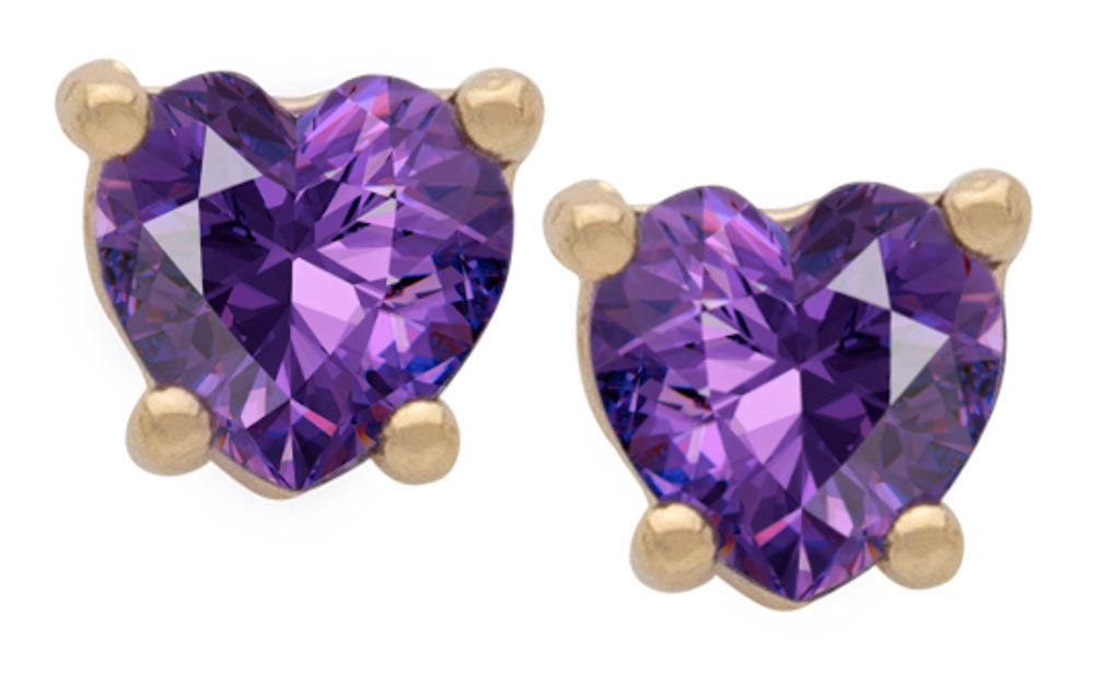 Gold Plated Cubic Zirconia Heart Birthstone Stud Earrings Amethyst