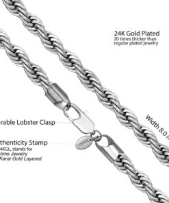 Gold Plated 8mm Rope Chain Necklace Stainless Steel