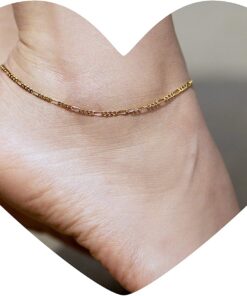 Gold Plated 1.5mm Anklet Figaro Chain worn in woman's ankle