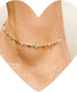 Gold Plated Anklet, Blue and Pink Stones