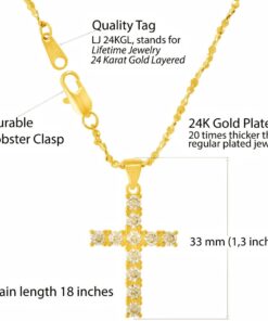 Gold Plated Cross Pendant Necklace with Cubic Zirconia