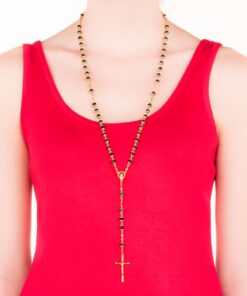 Gold Plated Rosary Necklace, Black Crystal Prayer Beads