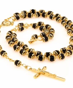 Gold Plated Rosary Necklace, Black Crystal Prayer Beads