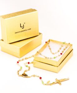 Gold Plated Rosary Necklace, Colorful Crystal Prayer Beads in a box