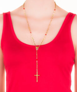 Woman wearing Gold Plated Rosary Necklace, Colorful Crystal Prayer Beads