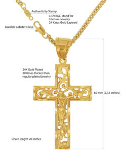 Gold Plated Large Filigree Cross with quality tag and durable lobster clasp