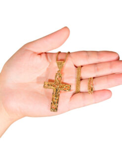 Gold Plated Large Filigree Cross in hand