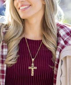 Woman wearing Gold Plated Large Filigree Cross