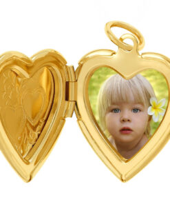Opened with picture of a  Gold Plated Heart Locket Necklace, Double Heart Style