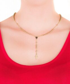 Woman wearing Small Rosary Necklace, Gold Over Bronze