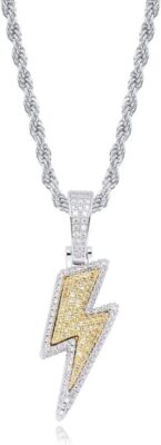 JINAO Hip Hop Lightning Bolt Design Pendant 18k Gold Plated Iced Out Cubic Zirconia Pendant Necklace with Micropave Simulated Diamond for Men Women