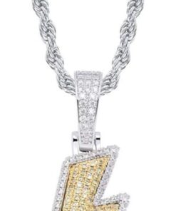 JINAO Hip Hop Lightning Bolt Design Pendant 18k Gold Plated Iced Out Cubic Zirconia Pendant Necklace with Micropave Simulated Diamond for Men Women