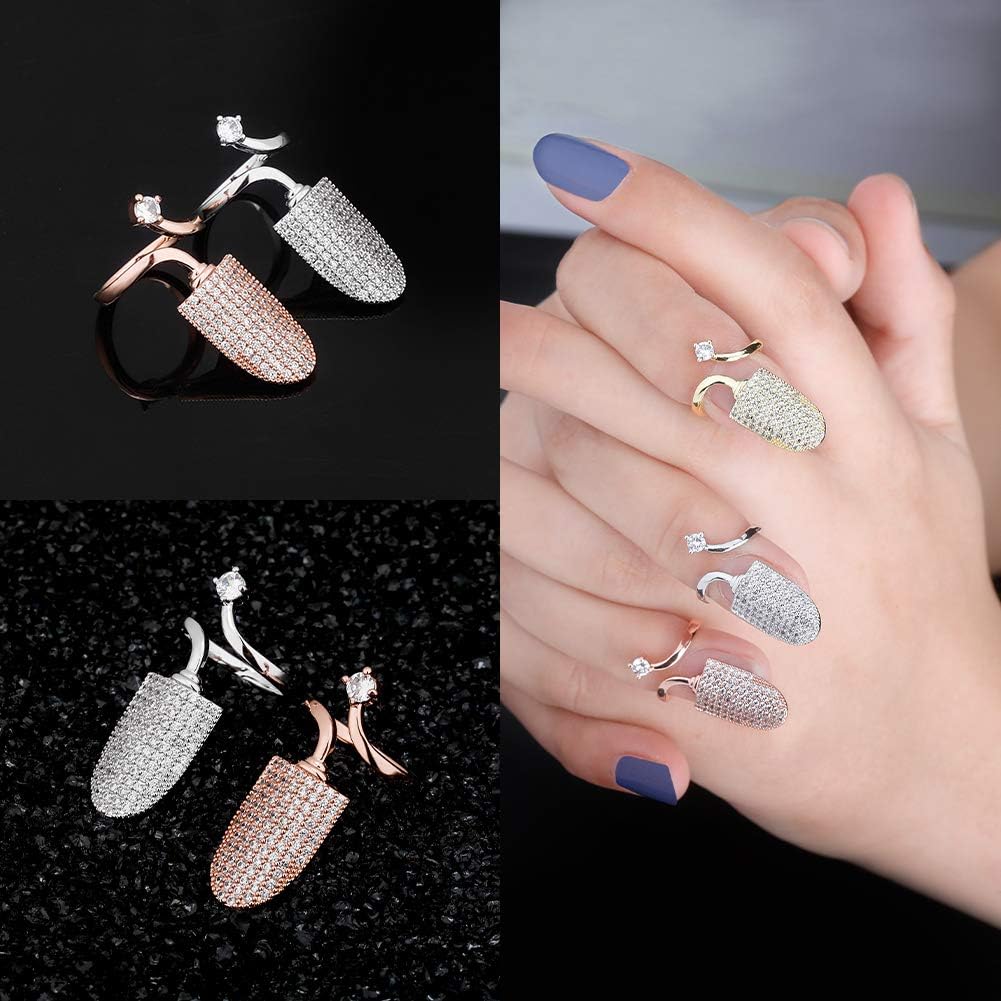 JINAO 14K 6 Times Gold Platinum Plated Full Bling Iced Out CZ Finger Nail Ring for Women Finger Rings for Women Unique Fingernail Protective Nail Cap Cover Ring - Image 3