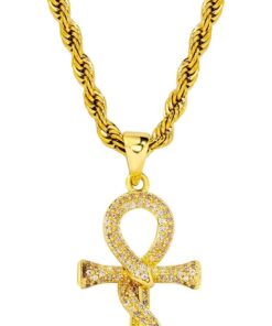 JINAO Ankh Cross Necklace for Men 14K Gold Plated - Snake Coiled Egyptian Symbol Cross Pendant with 5A Cubic Zirconia, 24" Rope Chain Men??s Jewelry
