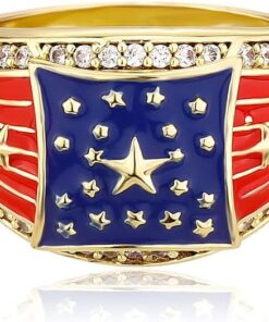 JINAO American Flag Rings for Men 14K Gold-Plated - Patriotic Chunky Ring with 5A Cubic Zirconia Border & Oil Painting Craft, Mens Fashion Jewelry 7-11