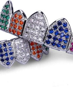 Alternative view of JINAO Silver Rainbow Diamond Grills for Your Teeth for Men Women 18K Gold Plated Iced Out Macro Pave Cubic Zirconia Mouth Grillz with Extra Molding Bars Included (Rainbow-S set)