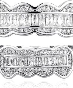 JINAO 8 Tooth Grillz 14K Gold Plated Iced Out Baguette Round Simulated Diamond Grills for Your Teeth for Men Women