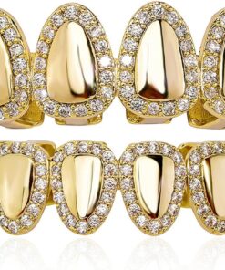 JINAO Hip Hop Grillz Iced Out Cubic Zirconia Top and Bottom Mouth Grills for Your Teeth 14K Gold Plated Grill Set for Men Women