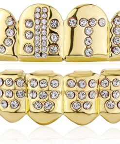 JINAO Gold Grill 14K Gold Plated Iced Out Teeth Grillz Top Bottom Tooth Caps Hip Hop Bling Gold shiny Mouth Grills for your teeth