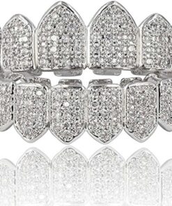 JINAO Grillz Diamond Grills for Your Teeth for Men Women 18K Gold Plated Iced Out Macro Pave Cubic Zirconia Mouth Grill with Extra Molding Bars Included