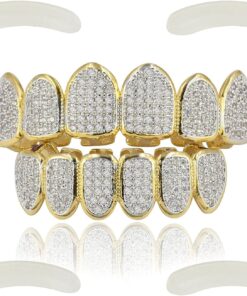 JINAO Grillz Grills for Your Teeth Simulated Diamond Teeth Grillz with Extra Molding Bars Included 18K Gold Plated All Iced Out Cubic Zirconia Golden Teeth for Men Women