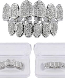 Alternative view of JINAO Grillz Grills for Your Teeth Simulated Diamond Teeth Grillz with Extra Molding Bars Included 18K Gold Plated All Iced Out Cubic Zirconia Golden Teeth for Men Women