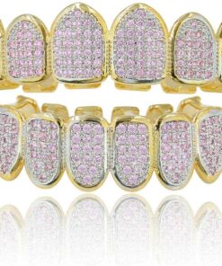 JINAO 18k Gold Plated All Iced Out Pink Cubic Zirconia Gold Grillz Set for Women with Extra Molding Bars(pink set)