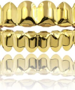 JINAO Grillz Teeth Men - Grills for Your Teeth 8 Top & Bottom Set, 18K Gold-Plated Brass Dental Grills with Molding Bars, Unisex Hip-Hop Rapper Costume Accessory