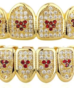 JINAO 18K Gold Plated Heart Grillz for Teeth with Iced Diamond CZ 6 Teeth for Men Women Rapper Costume Extra Molding Bars