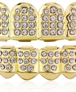JINAO Diamond Grills for Your Teeth 14K Gold Plated Iced Out Mouth Teeth Grillz Top Bottom Tooth Caps Hip Hop Bling New Gold Silver Grill for Men Women Costume Jewelry