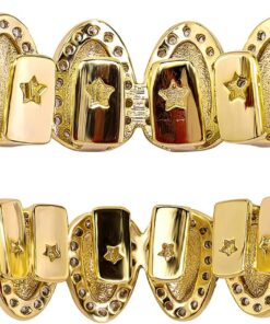 Alternative view of JINAO Hip Hop Grillz Iced Out Cubic Zirconia Top and Bottom Mouth Grills for Your Teeth 14K Gold Plated Grill Set for Men Women