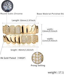 Alternative view of JINAO Hip Hop Half Diamond Top Bottom Grills for Your Teeth 14K Gold Plated Face Iced Out Cubic Zirconia Mouth Grillz for Men Women Fake Teeth Grill with Extra Molding Bars