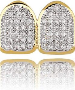 JINAO Grillz Grills for Your Teeth Simulated Diamond Teeth Grillz with Extra Molding Bars Included 18K Gold Plated All Iced Out Cubic Zirconia Golden Teeth for Men Women