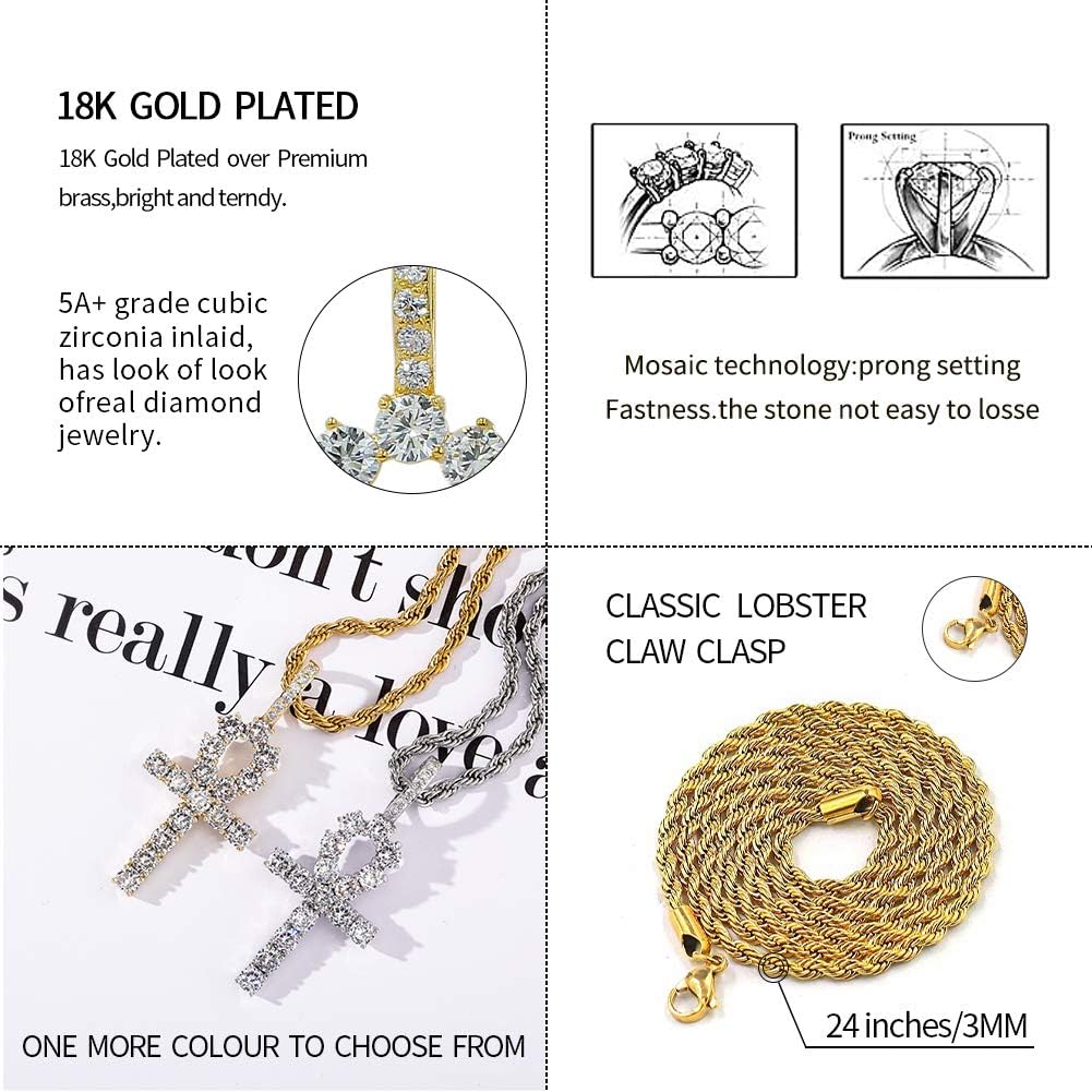 JINAO Ankh Cross Chain for Men Iced Out Cubic Zirconia Egyptian 14K Gold Plated Pendant Necklace for Women with Stainless Rope Chain - Image 2