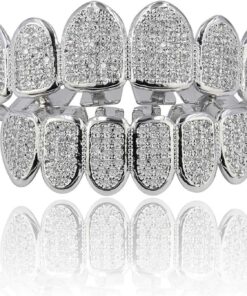JINAO Grillz Grills for Your Teeth Simulated Diamond Teeth Grillz with Extra Molding Bars Included 18K Gold Plated All Iced Out Cubic Zirconia Golden Teeth for Men Women