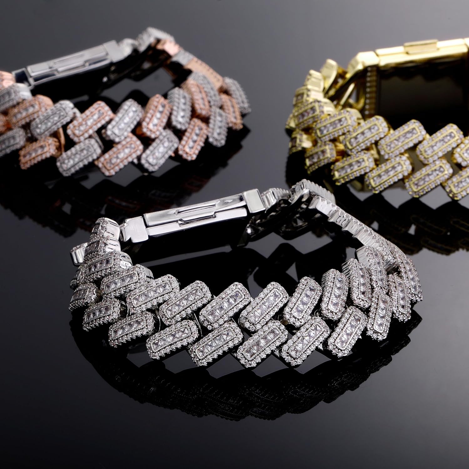 JINAO 20MM 6 Times 14k Gold Plated Cuban Link Bracelet Iced Out Bling Round Carre Baguette Cut CZ with Prong Setting Simulated Diamond Bracelet Hip Hop Jewelry for Men - Image 3