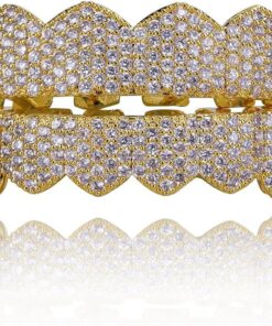 JINAO Grillz Teeth Men - Grills for Your Teeth 8 Top & Bottom Set, 18K Gold-Plated Brass Dental Grills with Molding Bars, Unisex Hip-Hop Rapper Costume Accessory