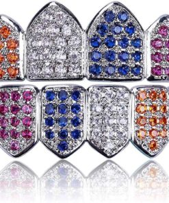 JINAO Silver Rainbow Diamond Grills for Your Teeth for Men Women 18K Gold Plated Iced Out Macro Pave Cubic Zirconia Mouth Grillz with Extra Molding Bars Included (Rainbow-S set)