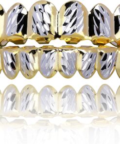 JINAO Grillz Teeth Men - Grills for Your Teeth 8 Top & Bottom Set, 18K Gold-Plated Brass Dental Grills with Molding Bars, Unisex Hip-Hop Rapper Costume Accessory